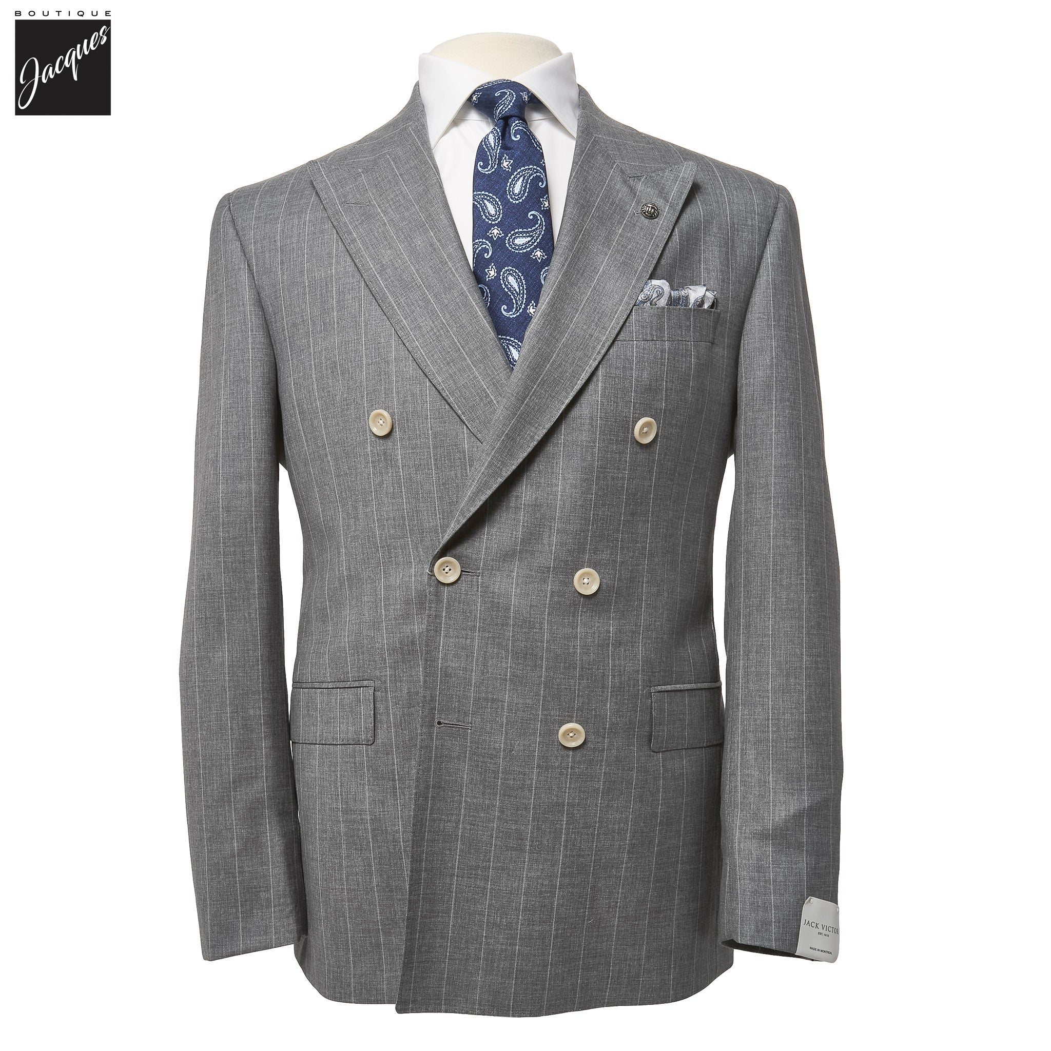 Gray Striped Double-Breasted Super 150s Wool Merlin Contemporary Fit Suit - Jack Victor 1913 - Boutique Jacques International