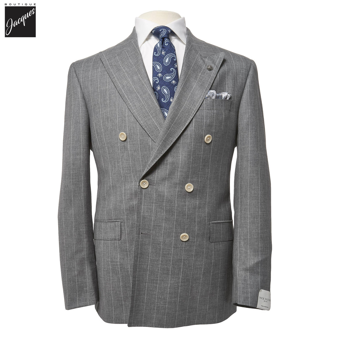 Gray Striped Double-Breasted Super 150s Wool Merlin Contemporary Fit Suit - Jack Victor 1913 - Boutique Jacques International
