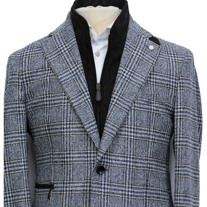 Blue & Brown Prince-of-Wales Wool Hybrid Sport Jacket with Bib - Luigi Bianchi