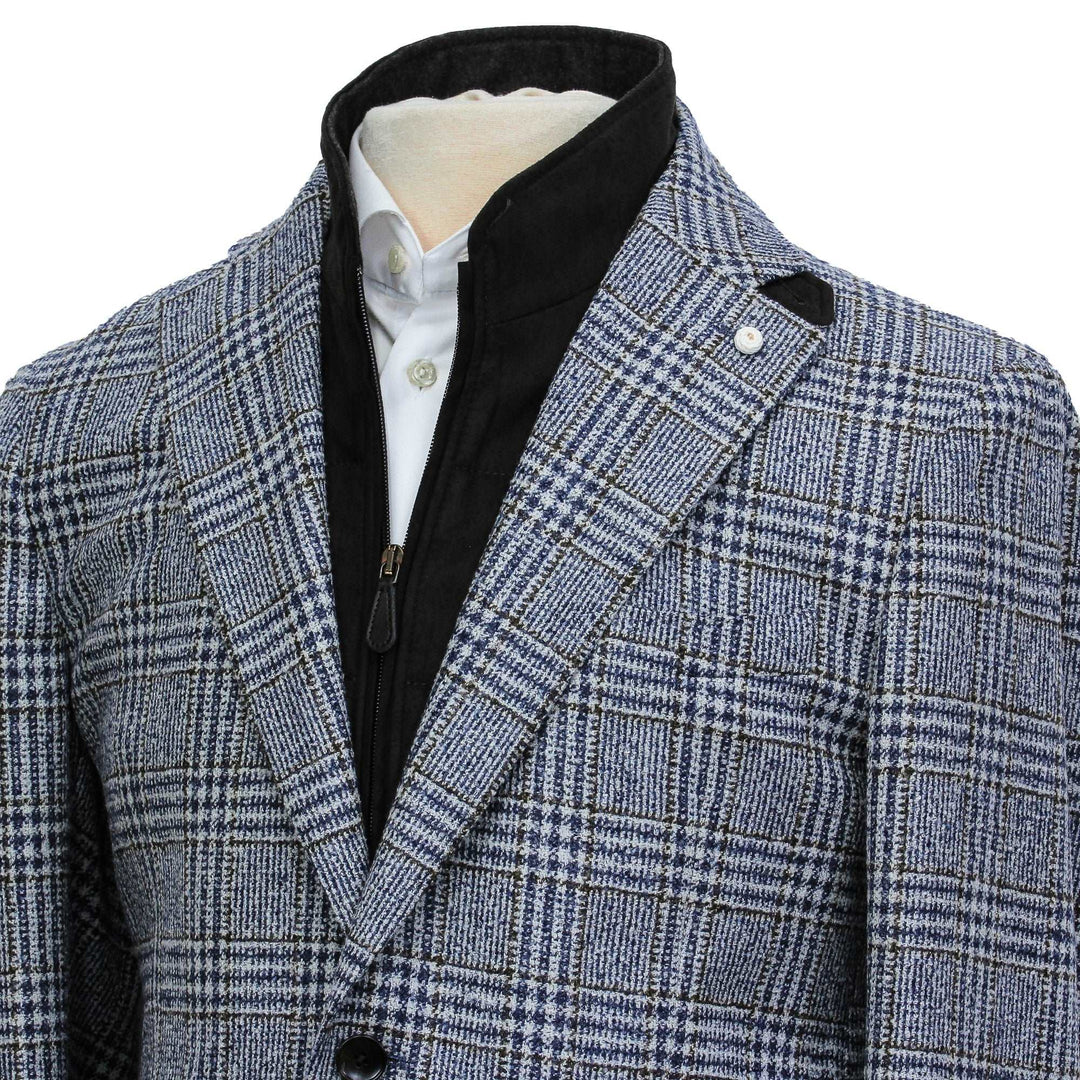 Blue & Brown Prince-of-Wales Wool Hybrid Sport Jacket with Bib - Luigi Bianchi