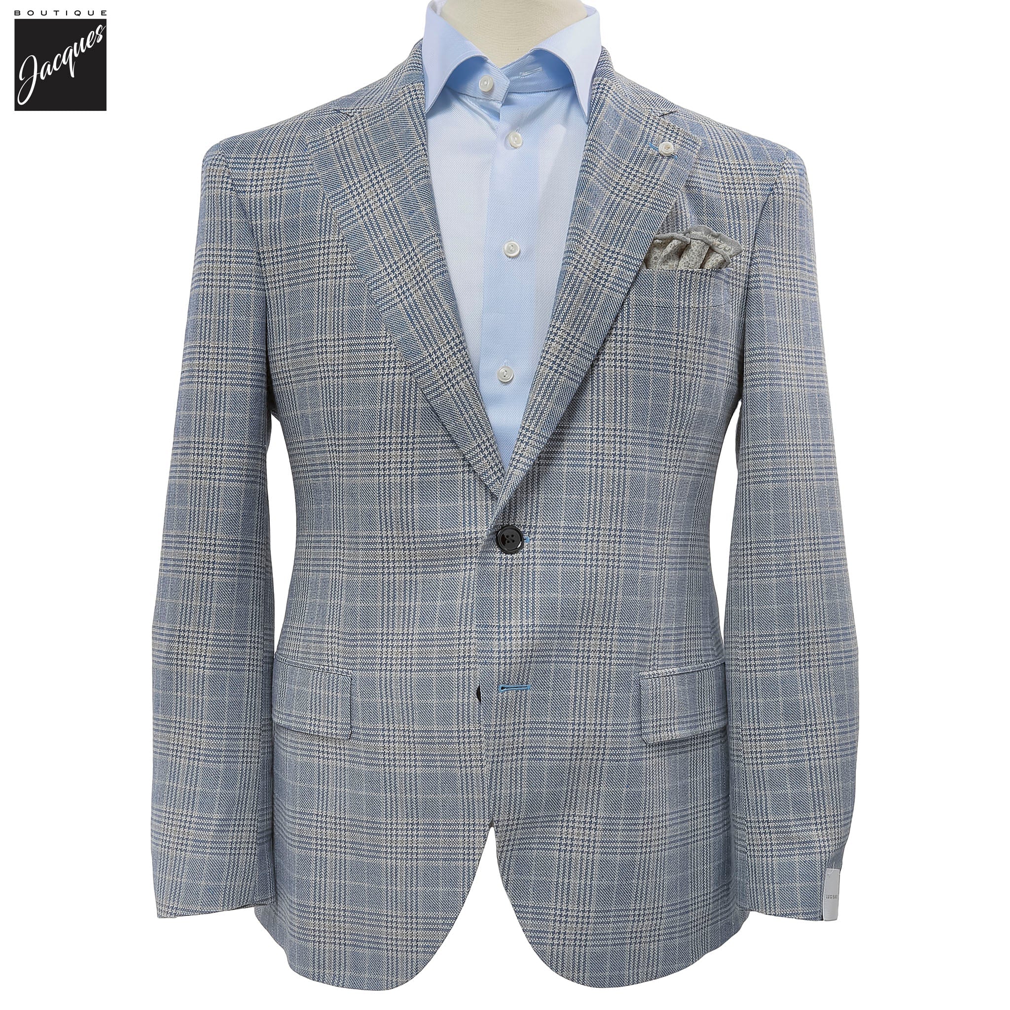 Blue & Beige Prince-of-Wales Silk-Wool Dream Fit Sport Jacket - Luigi Bianchi - Boutique Jacques International