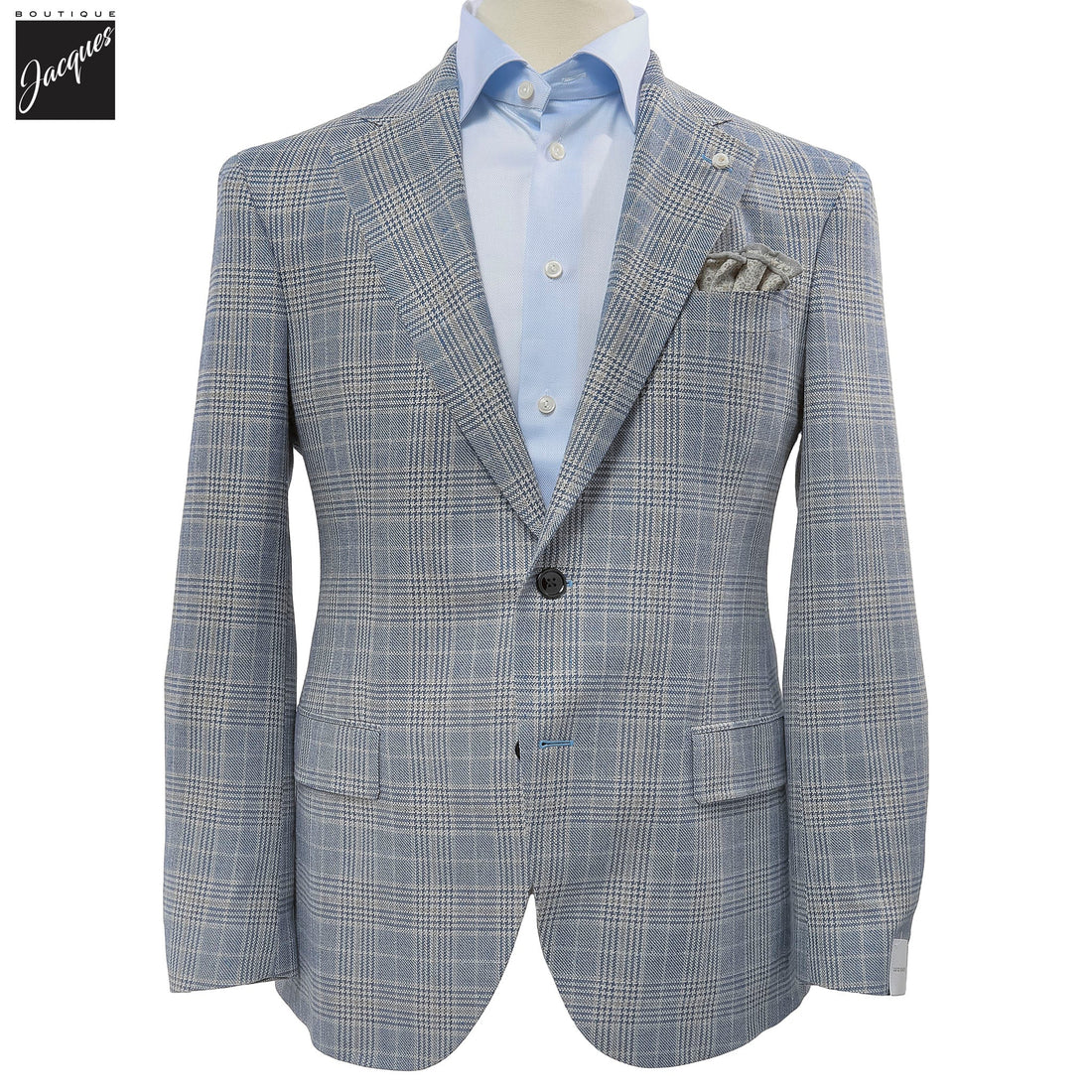 Blue & Beige Prince-of-Wales Silk-Wool Dream Fit Sport Jacket - Luigi Bianchi - Boutique Jacques International