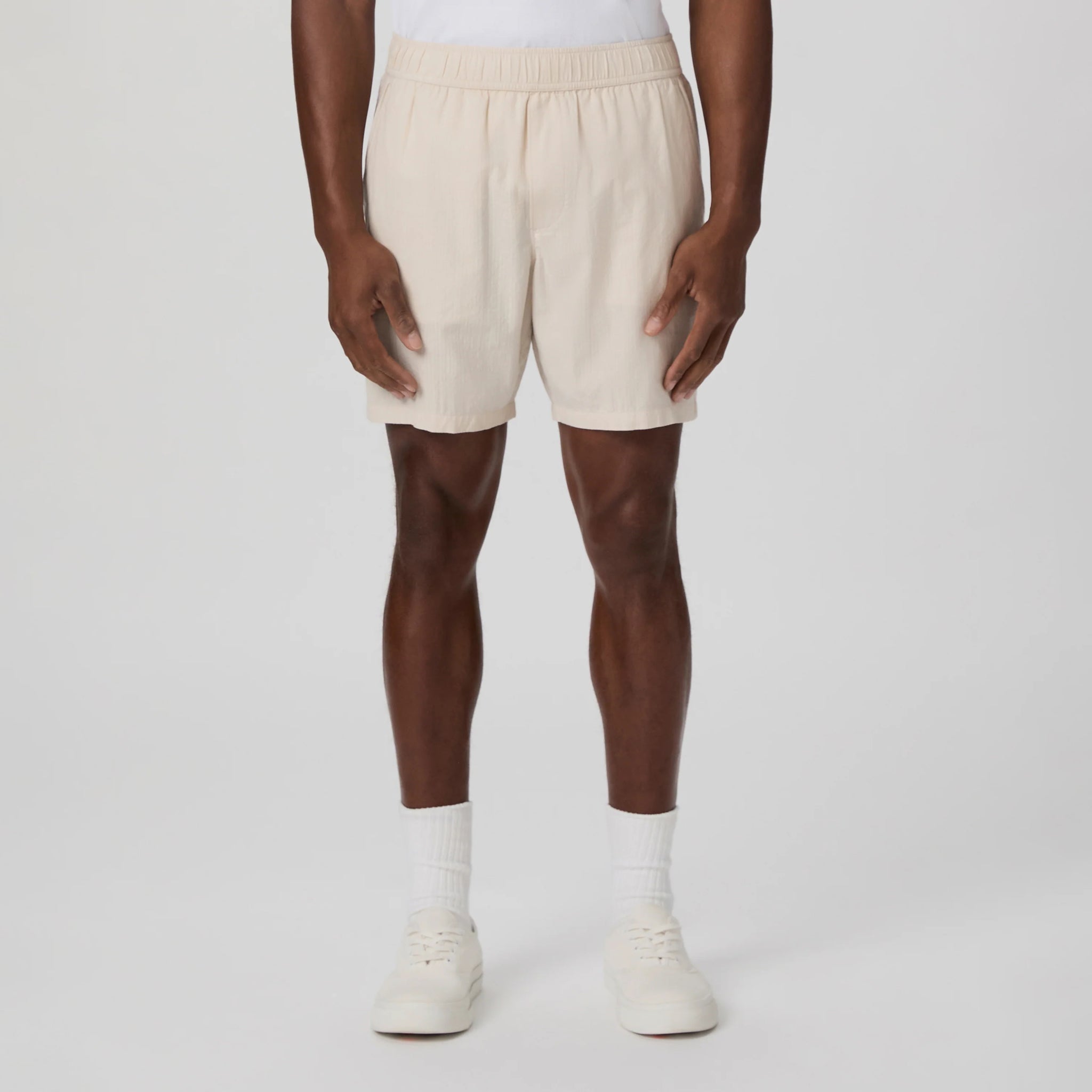 Atlantic Fog (Beige) Cotton-Stretch Seersucker Teague Shorts - PAIGE