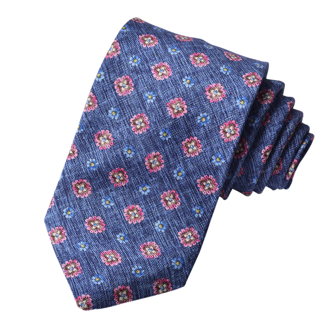 Denim Blue & Pink Floral Printed Silk Tie - DION - Boutique Jacques International