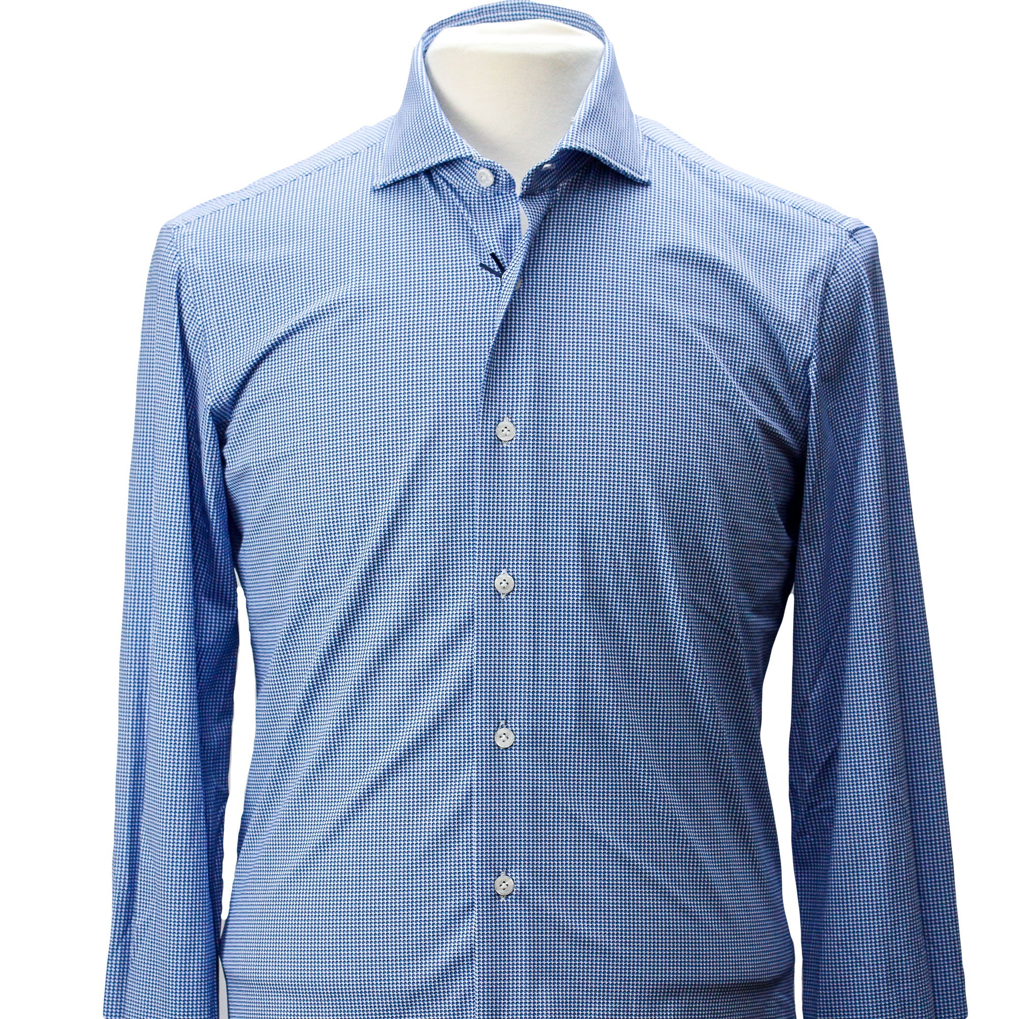 Mid Blue Micro Pattern Casual Slim Fit Woven Stretch Shirt - Orian - Boutique Jacques Last Call