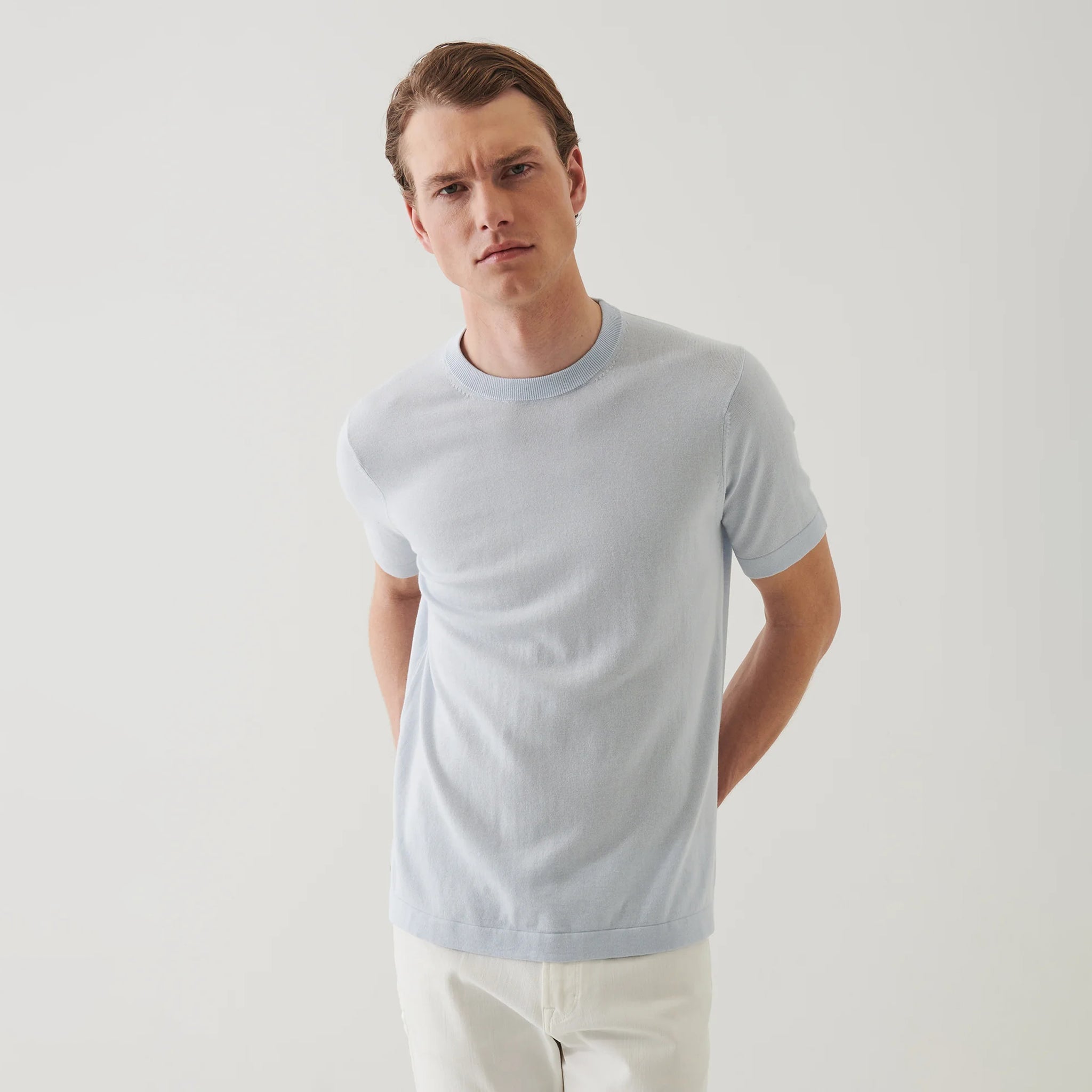 Pale Blue Cotton-Cashmere Short Sleeve Knit Crewneck - Patrick Assaraf