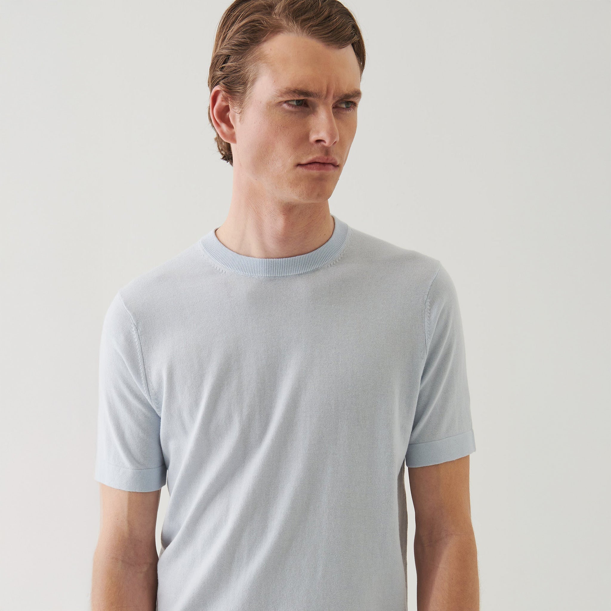Pale Blue Cotton-Cashmere Short Sleeve Knit Crewneck - Patrick Assaraf