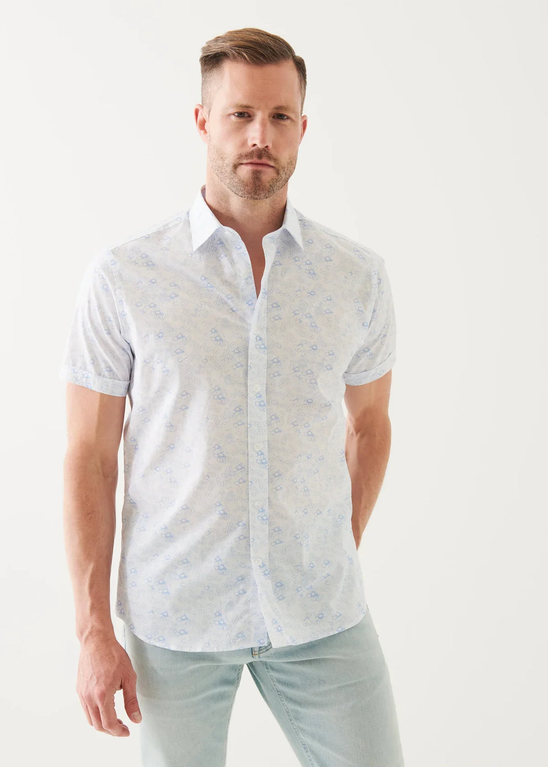 White Micro Floral Print Cotton Short Sleeve Shirt - Patrick Assaraf