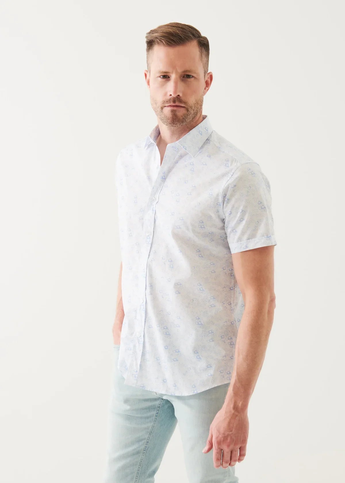 White Micro Floral Print Cotton Short Sleeve Shirt - Patrick Assaraf - Boutique Jacques Last Call