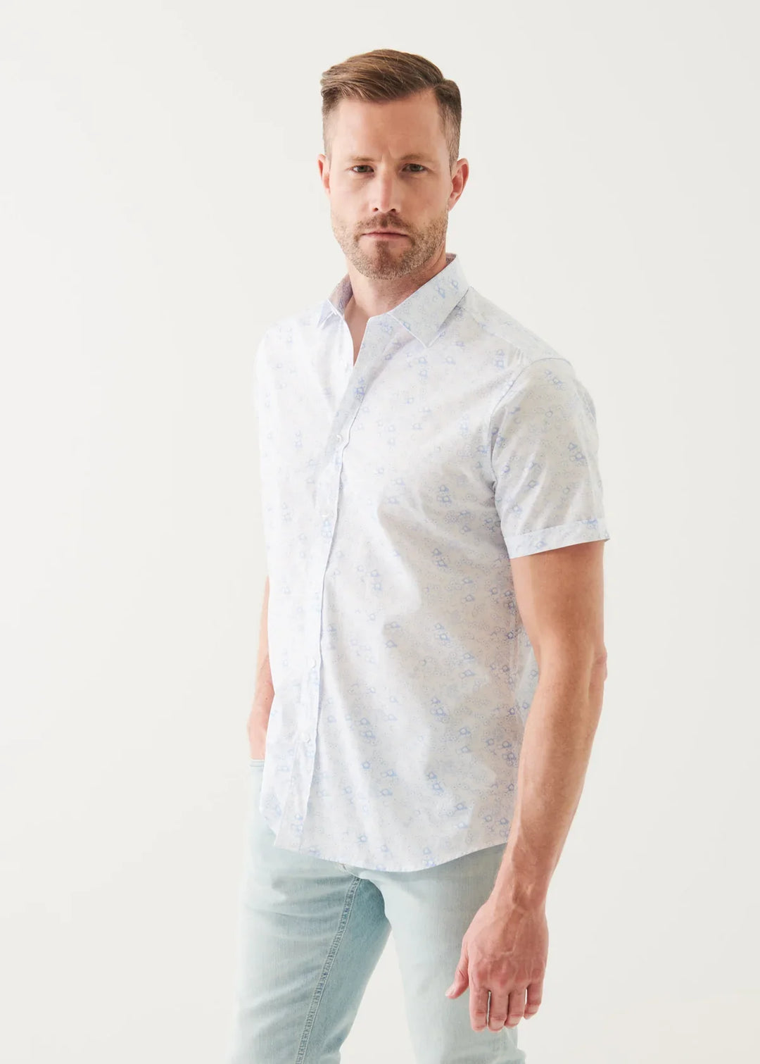 White Micro Floral Print Cotton Short Sleeve Shirt - Patrick Assaraf