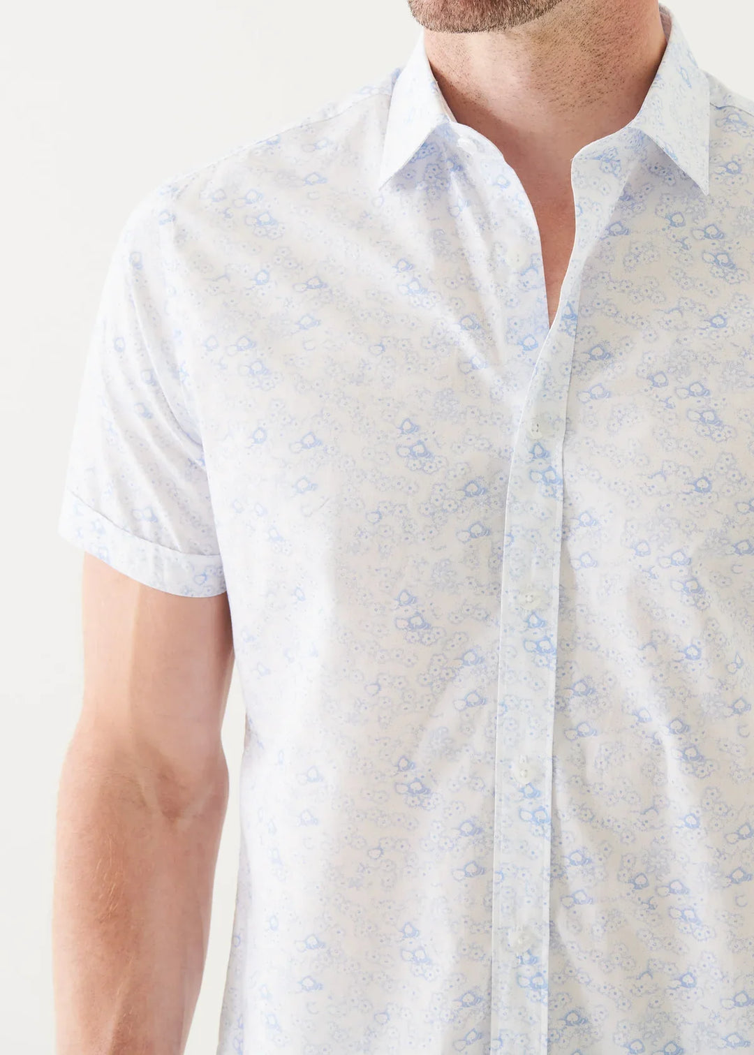 White Micro Floral Print Cotton Short Sleeve Shirt - Patrick Assaraf