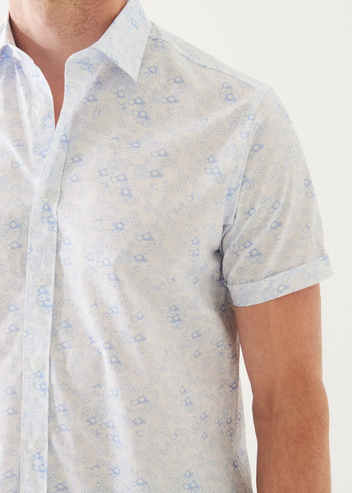 White Micro Floral Print Cotton Short Sleeve Shirt - Patrick Assaraf