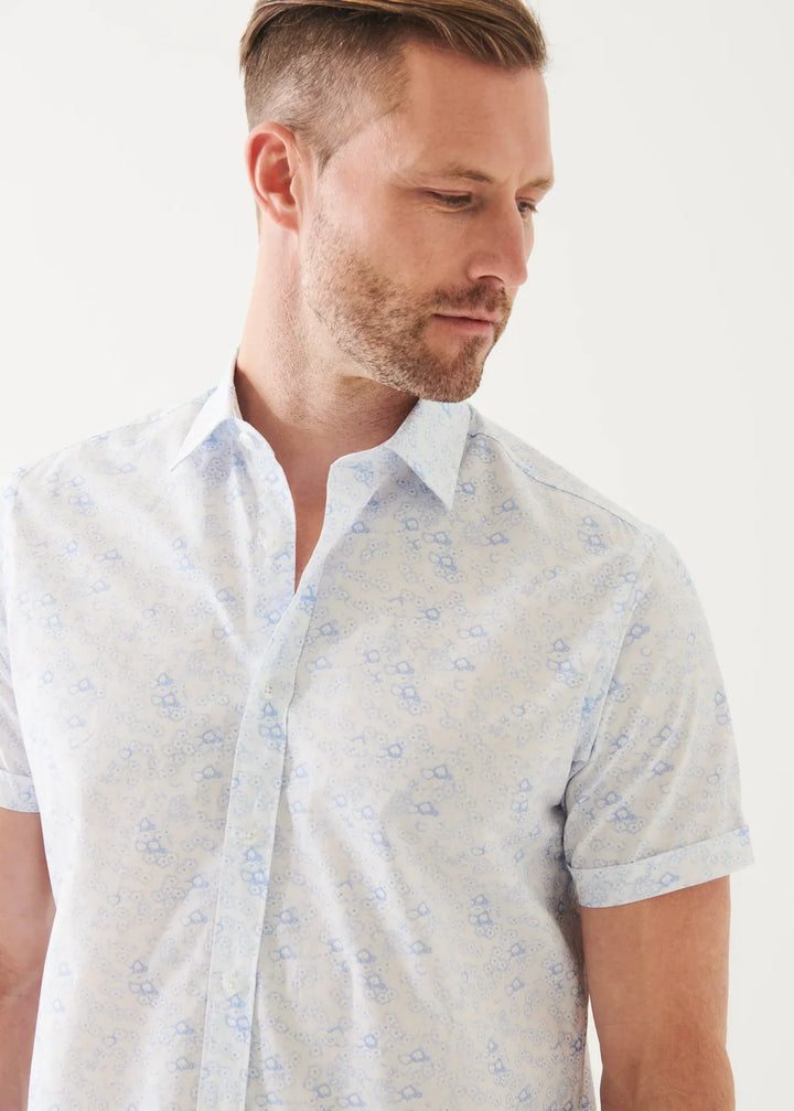 White Micro Floral Print Cotton Short Sleeve Shirt - Patrick Assaraf