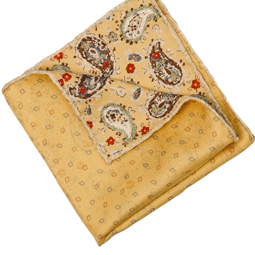 Yellow Paisley/Geometric Pattern Reversible Silk Hankie - Paolo Albizzati - Boutique Jacques Last Call