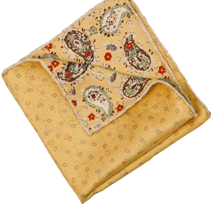 Yellow Paisley/Geometric Pattern Reversible Silk Hankie - Paolo Albizzati - Boutique Jacques Last Call
