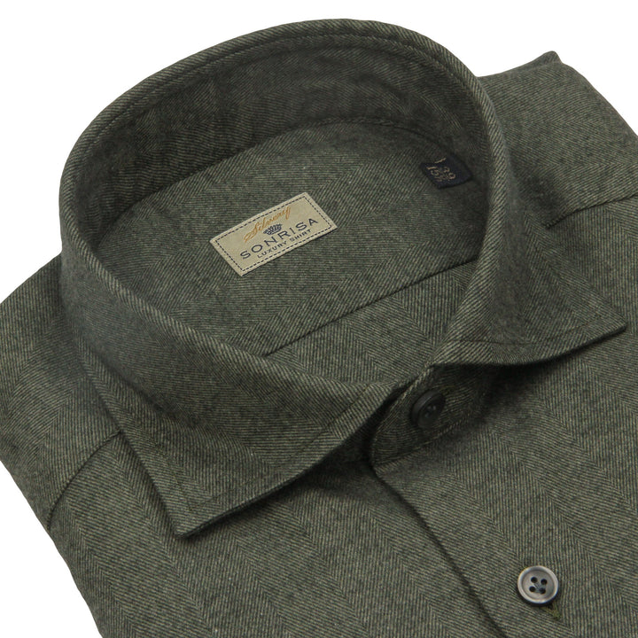 Forest Green Herringbone Cotton Flannel Shirt - SONRISA