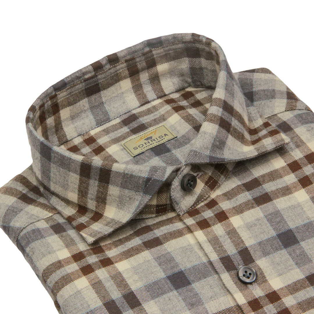 Grey and Brown Check Cotton Wool Flannel Shirt - SONRISA