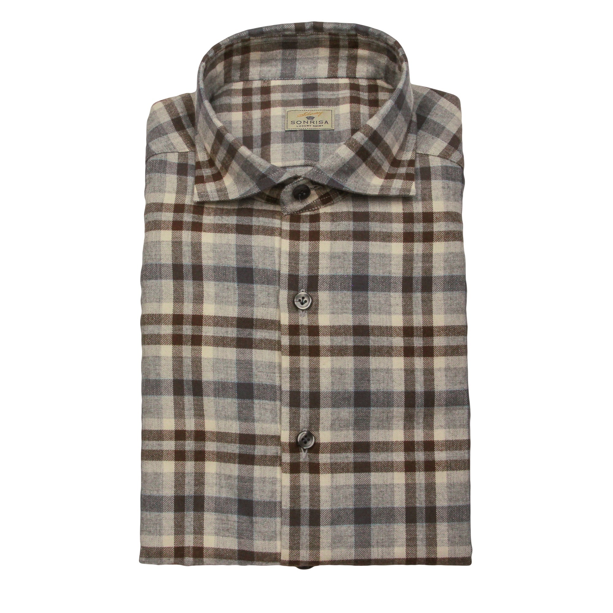 Grey and Brown Check Cotton Wool Flannel Shirt - SONRISA - Boutique Jacques Last Call