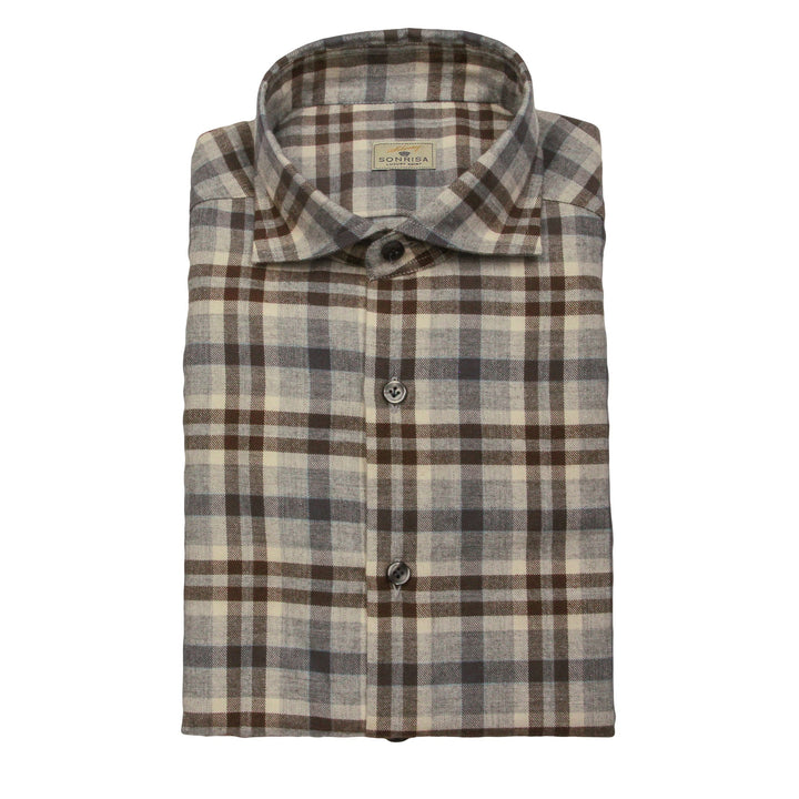 Grey and Brown Check Cotton Wool Flannel Shirt - SONRISA
