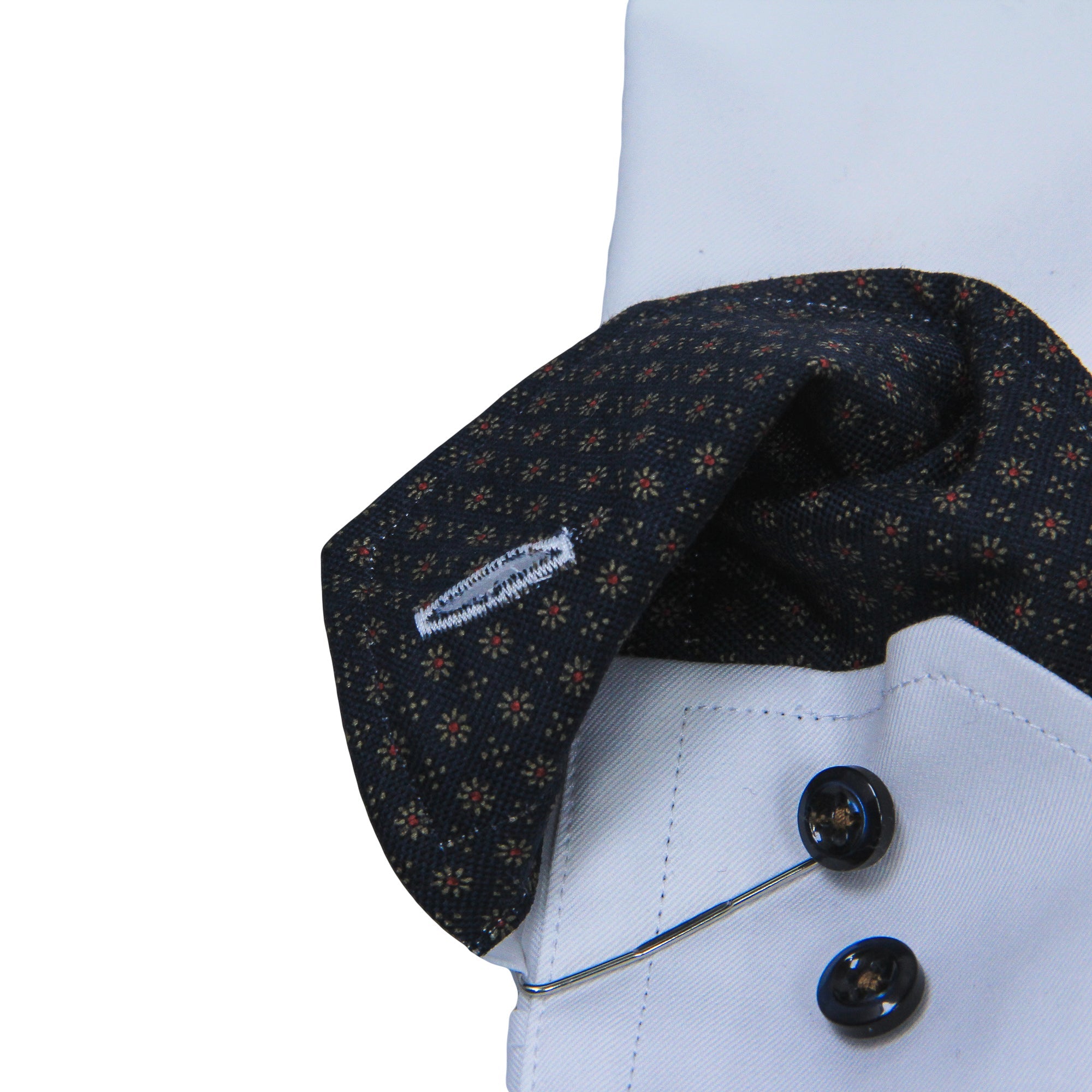 White Twill Fitted Body Shirt w/ Navy Floral Contrast - Stenströms