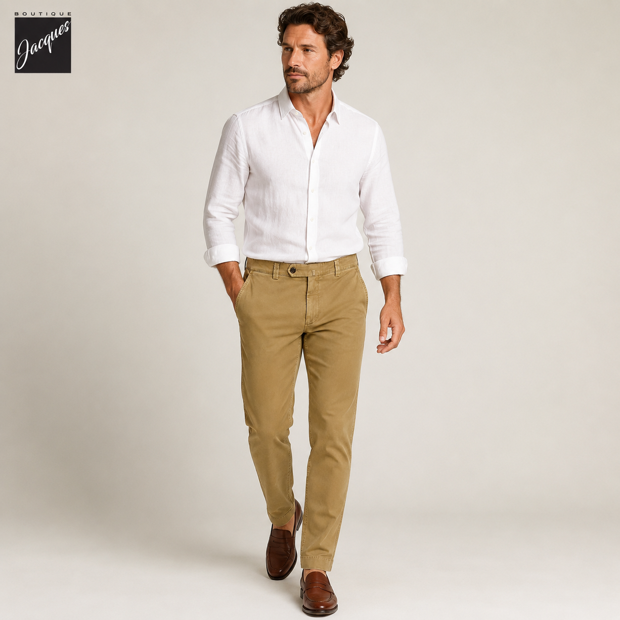 Caramel Tan Cotton-Stretch Denim Negroni Wide Fit Chino Trousers - Berwich