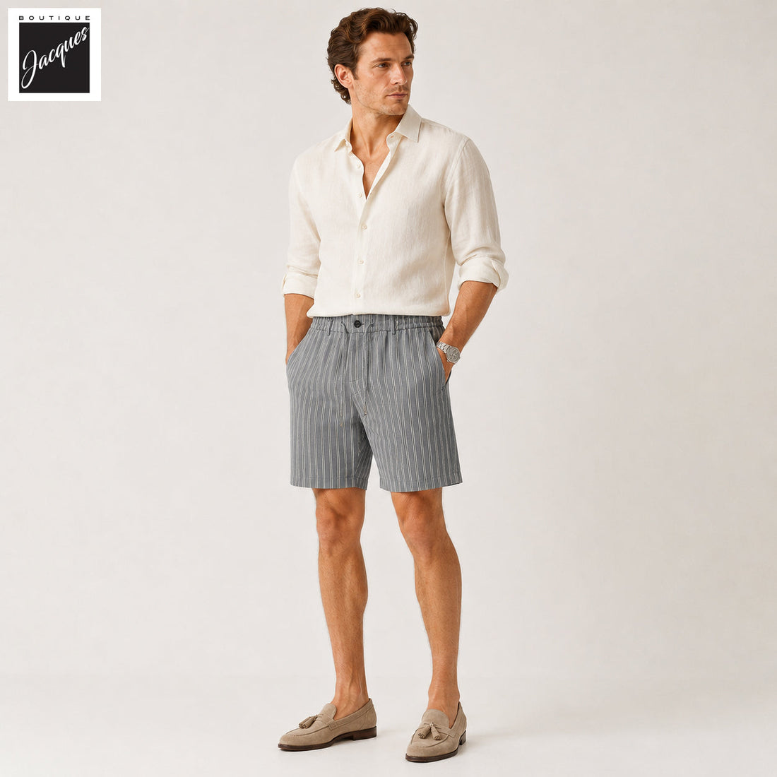Gray Striped Seersucker Cotton Bermuda Shorts with Drawstrings - Berwich