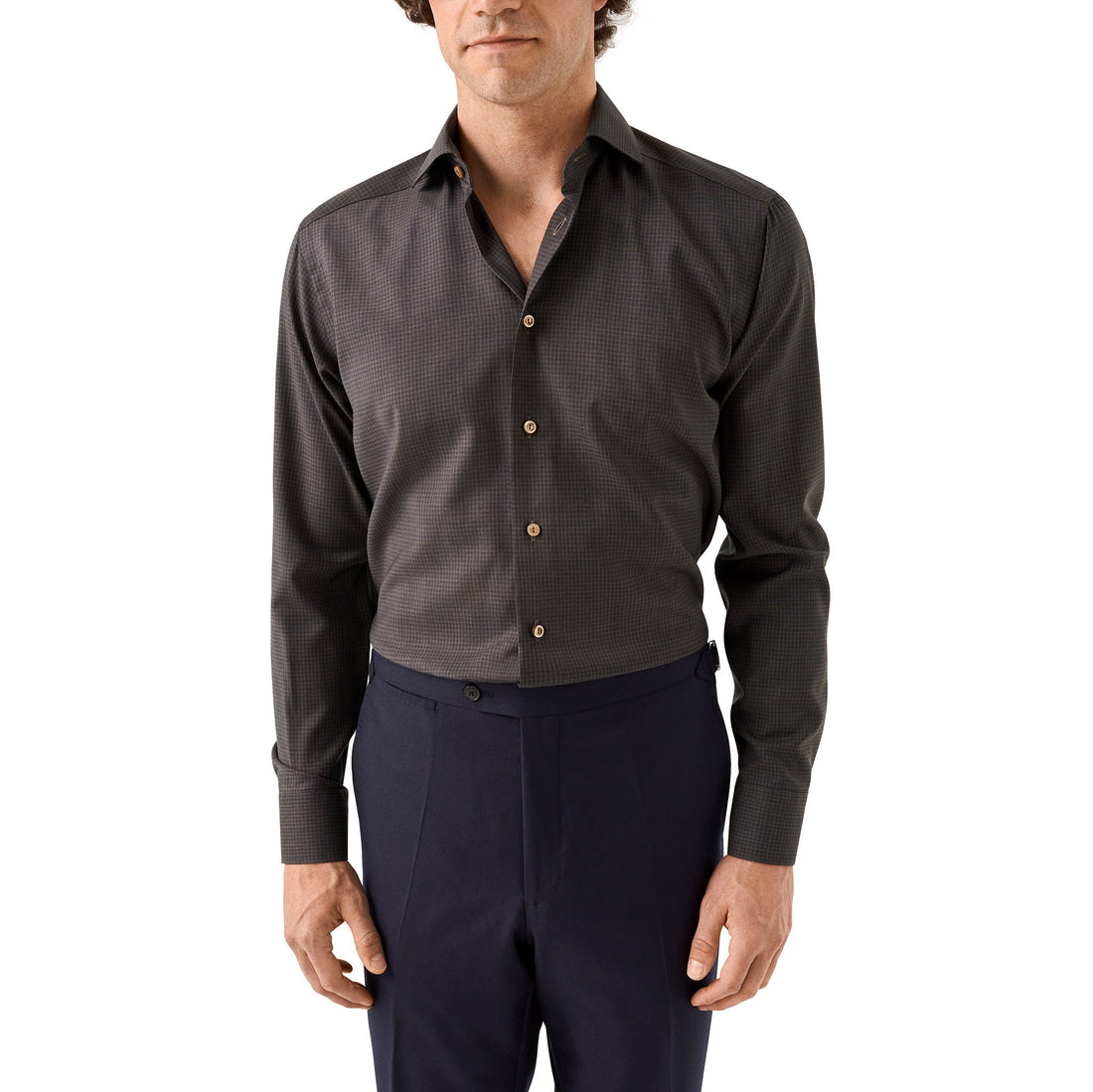 Dark Brown Micro Check Merino Wool Slim Fit Shirt - ETON