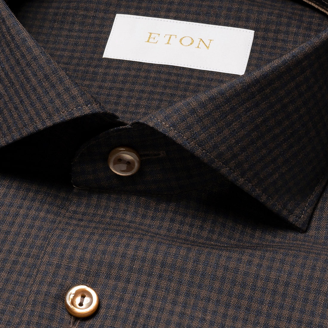 Dark Brown Micro Check Merino Wool Slim Fit Shirt - ETON