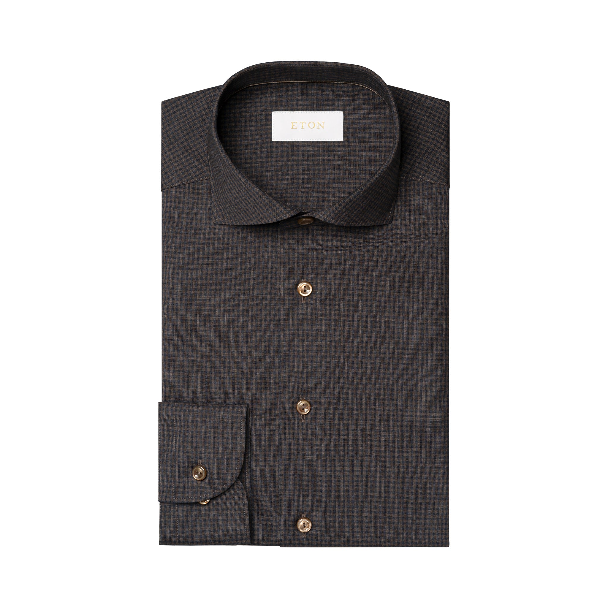 Dark Brown Micro Check Merino Wool Slim Fit Shirt - ETON