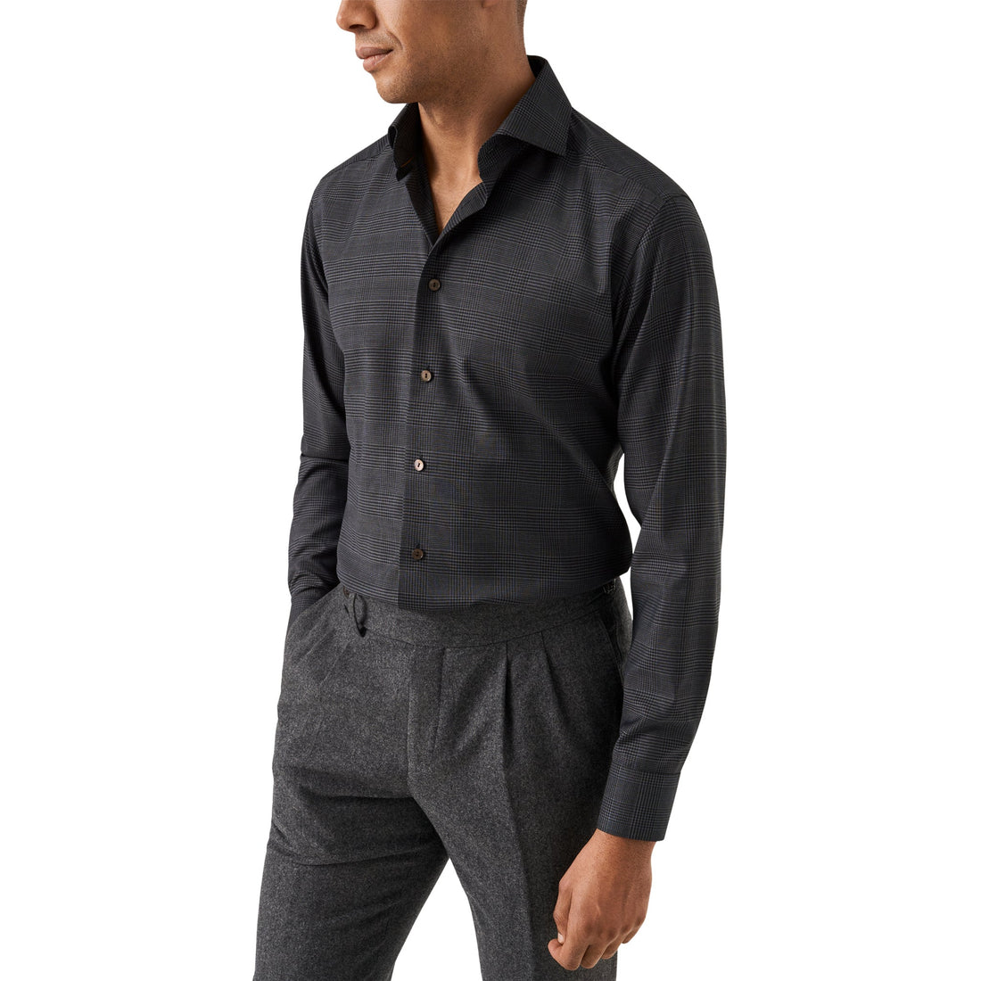 Dark Navy & Gray Check Merino Wool Contemporary Fit Shirt - ETON